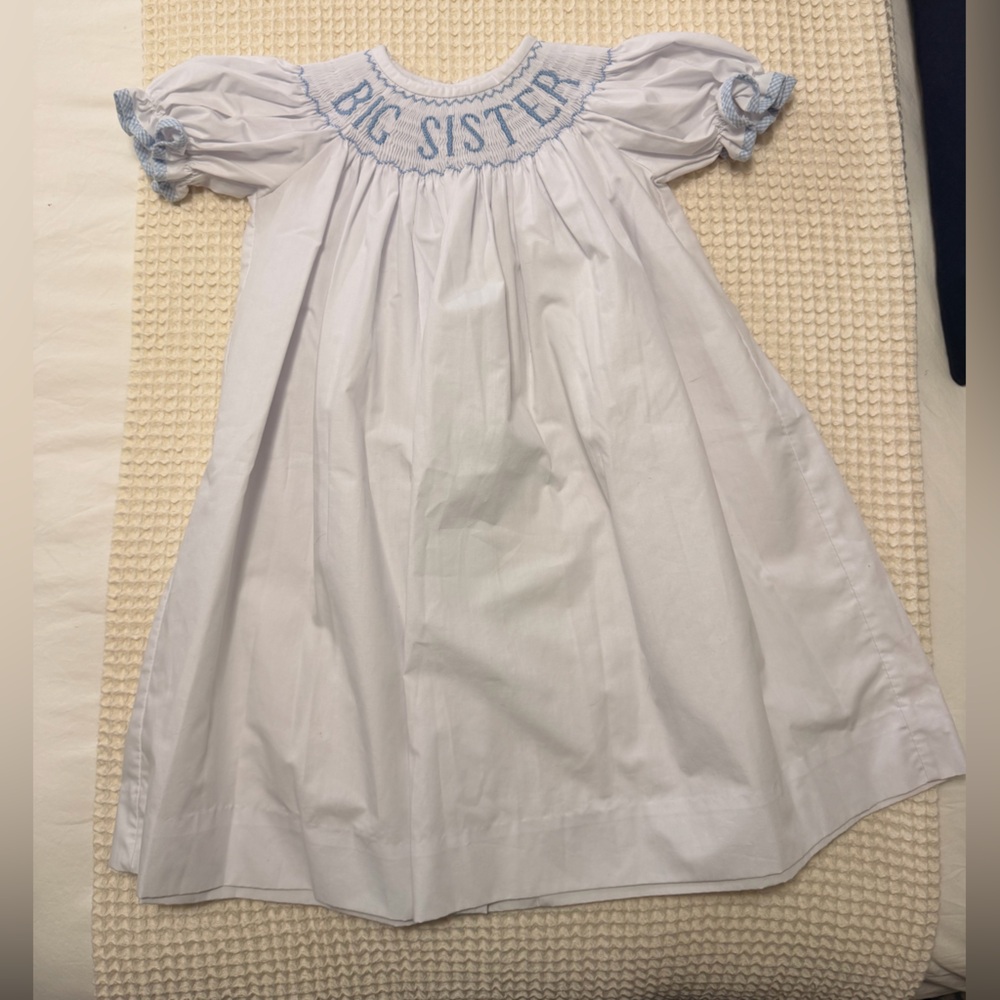 Classic Whimsy Big Sister White and Blue Smocked Dress